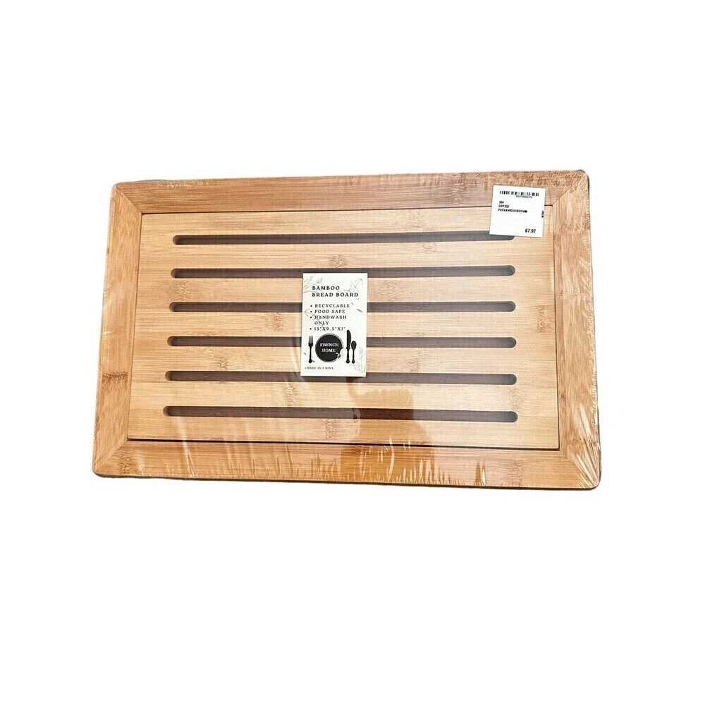 Large Natural Bamboo Bread Cutting Board w/ Crumb Tray, Kitchen Serving Tray